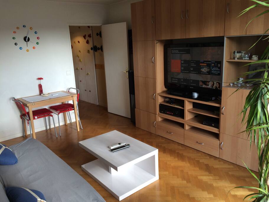 Salon avec grande TV et home cinema