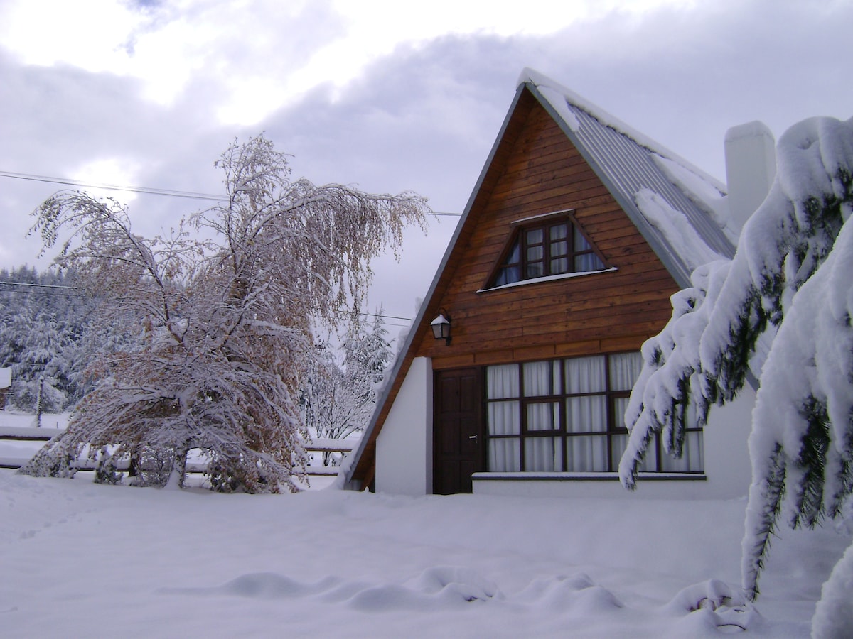 A charming a-frame house is surrounded by a blanket of snow, with a sloped roof and wooden accents. A tree, weighed down by snow, stands nearby, while gentle clouds frame the winter scene, creating a serene atmosphere.