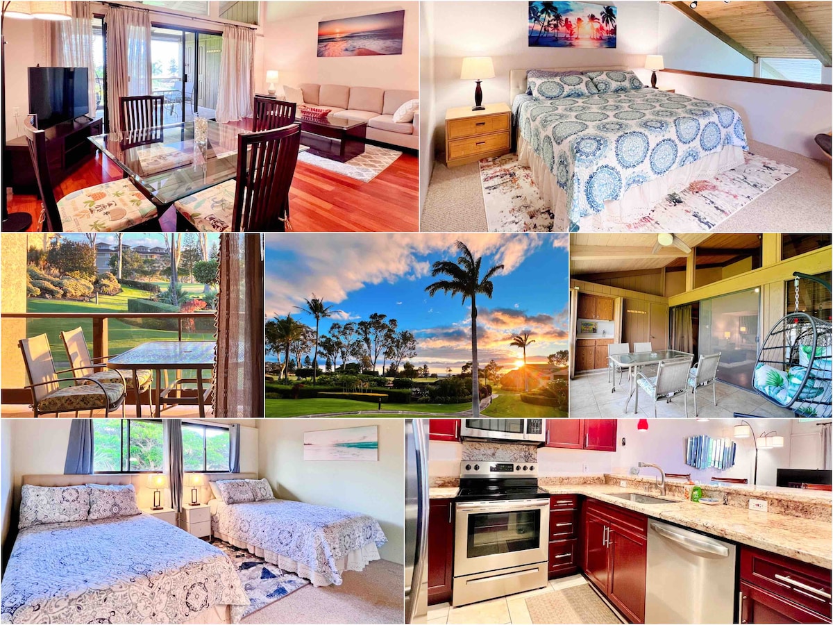 A collage of images showcases various spaces within the villa. A living area features a comfortable sofa, dining table, and television. The master bedroom includes a king-size bed with a decorative duvet. The guest bedroom displays two queen-size beds. The kitchen is fully equipped with modern appliances, and outdoor seating on the lanai offers views of lush greenery and a sunset sky.
