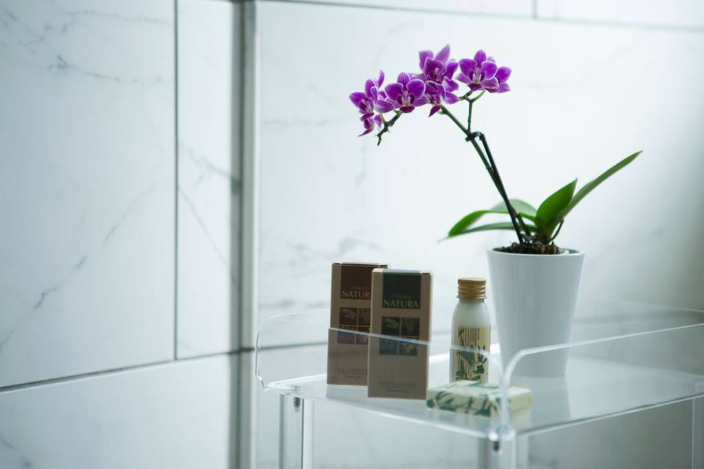 Forniamo shampoo, balsamo, bagno schiuma, saponette, cuffietta, vanity kit e la crema per il corpo