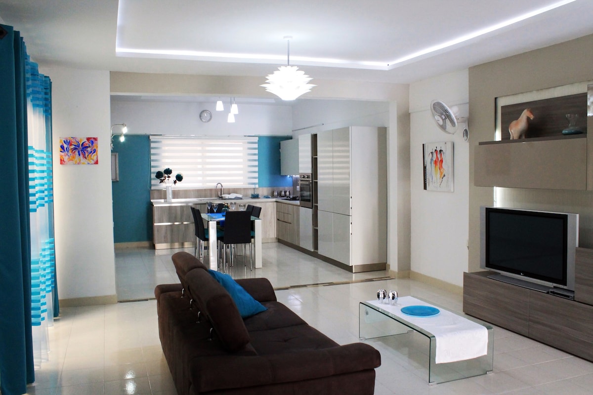 An open-concept living area features a brown sofa with a blue cushion, a modern coffee table, and a large flat-screen TV mounted on a light grey entertainment unit. The kitchen area is visible, showcasing sleek cabinetry and clean lines, with soft lighting enhancing the overall space.