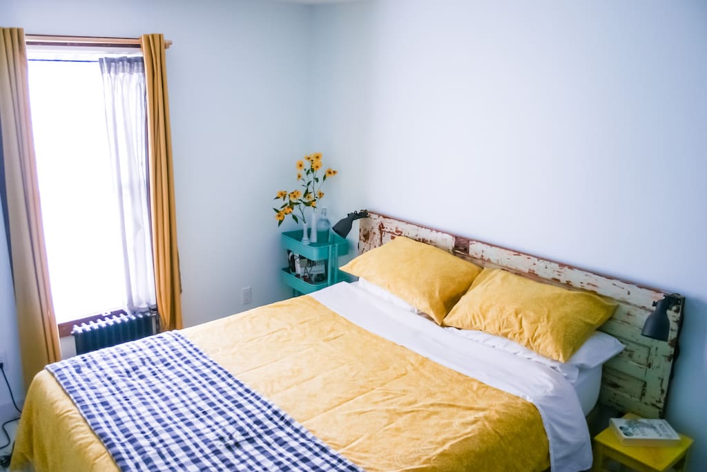 The bedroom catches the morning sun. Don't worry, there are thick curtains if you want to sleep in.