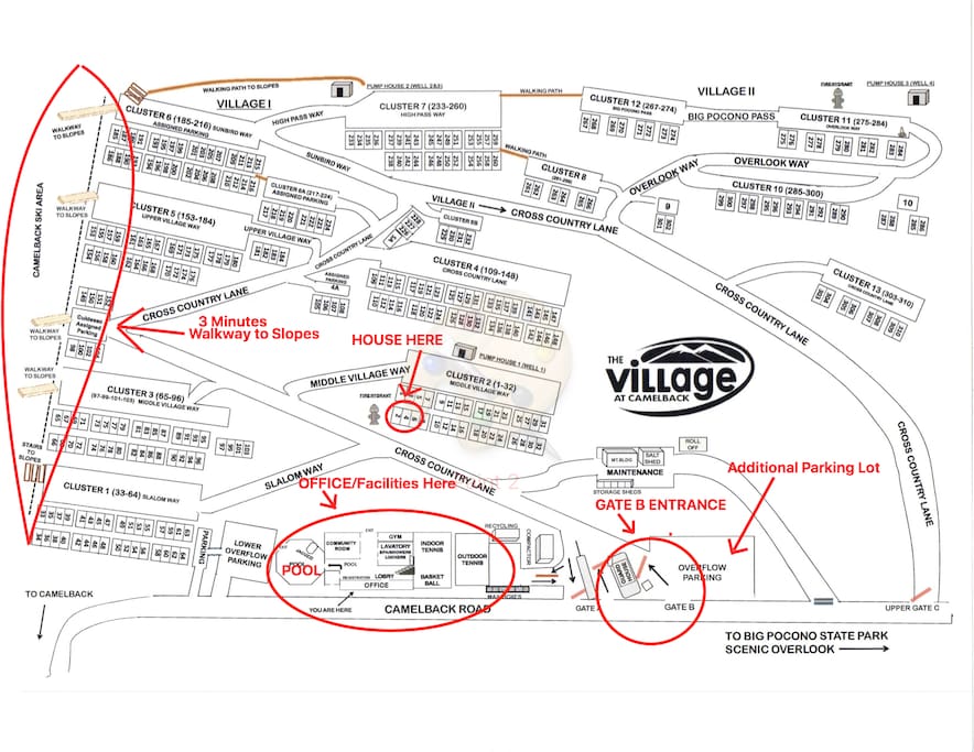 Map of where the house, ski-in/ski-out, office/amenities, gate b entrance is located at. Approximately 3 minutes walk to the slopes.