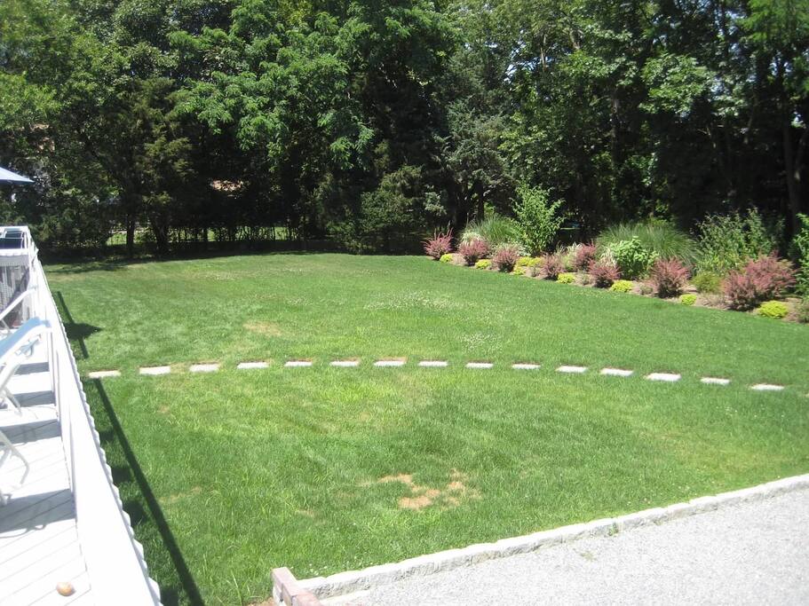 View of lawn between house and cottage