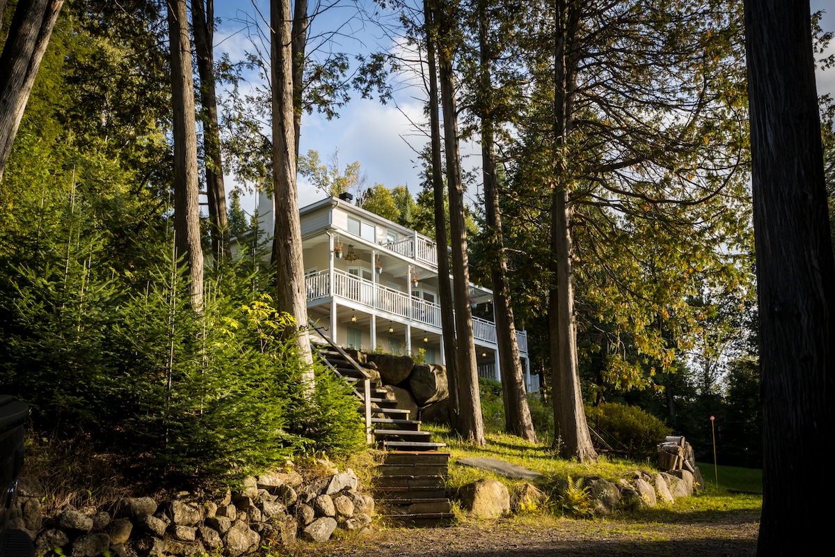The exterior of the chalet is framed by tall trees and lush greenery. A wooden staircase leads to the entrance, while a wrap-around balcony offers views of the surrounding nature. The building's modern design contrasts with the rustic landscape.