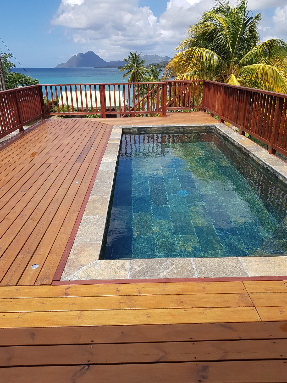 A wooden terrace features a private swimming pool, set against a backdrop of a clear sky and distant mountains. Tropical palm trees surround the area, enhancing the relaxed ambiance. The deck is made of smooth wooden planks, offering ample space for lounging.