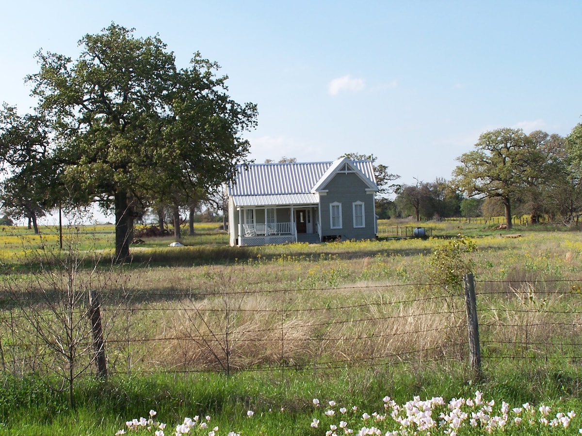 A charming restored farmhouse is set against a backdrop of open fields and large trees. The house features a light-colored exterior, a metal roof, and a welcoming porch. Surrounding wildflowers add a touch of color to the landscape under a clear sky.
