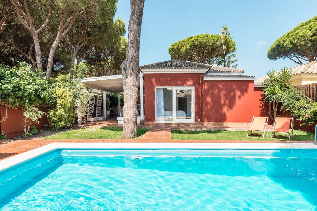 A clear view of the inviting pool reflects the sunlight, surrounded by well-maintained grass and shaded by tall trees. The house features a red exterior, with large windows revealing a bright interior. Two beach chairs are positioned beside the pool, enhancing the outdoor space.