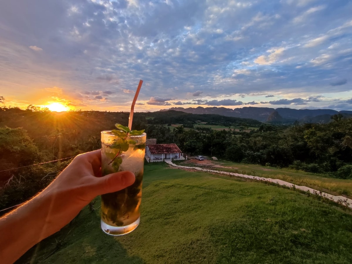A hand holding a refreshing mojito is featured in the foreground, while a sunset casts warm hues over the landscape. The view reveals rolling hills and lush greenery, with a rustic building nestled among the trees in the background.