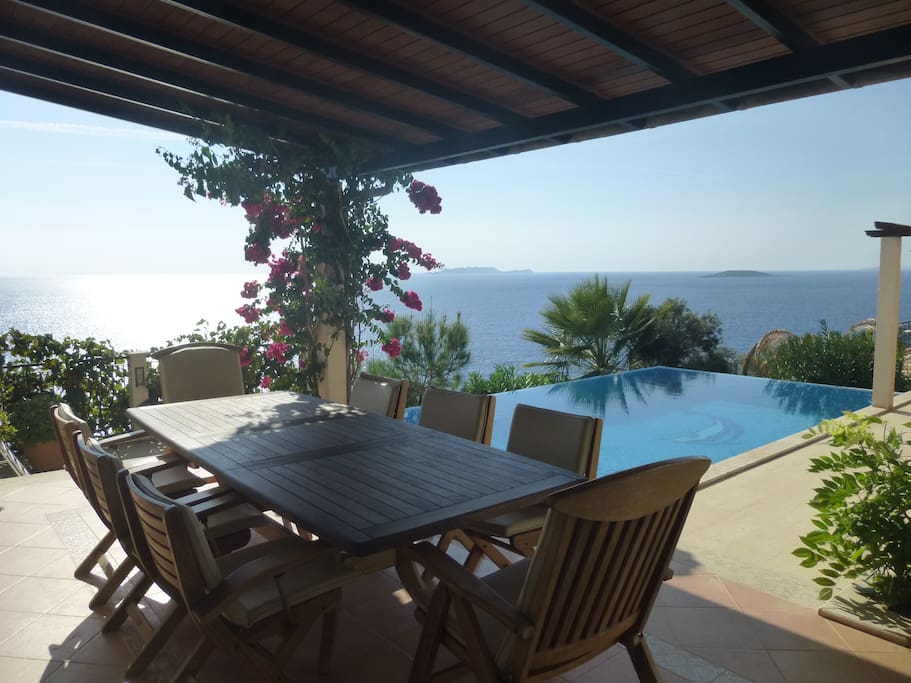 8-person teak table with wonderful views
