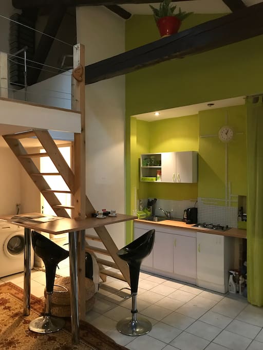 Kitchenette équipée - plaques de cuisson - frigo - microonde - vaisselles ....