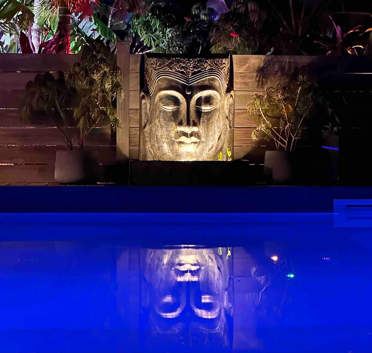 A serene stone Buddha statue is illuminated beside the pool, casting soft light. The reflection of the statue shimmers in the tranquil blue water, surrounded by lush greenery and potted plants, creating a peaceful and inviting atmosphere.