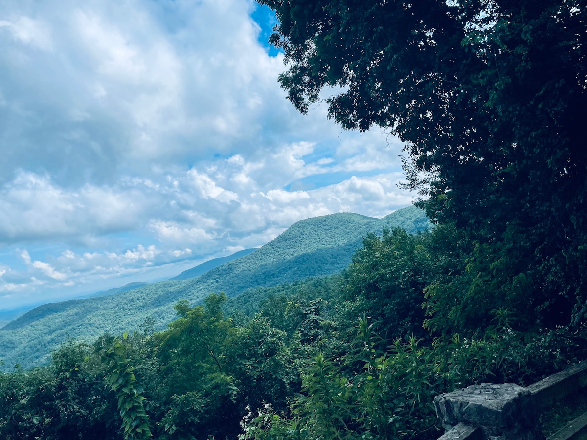 A scenic view captures rolling mountains under a partly cloudy sky. Lush green foliage in the foreground frames the landscape, showcasing the natural beauty of the surrounding forest and peaks. The depth and layers of the mountains create an impression of tranquility.