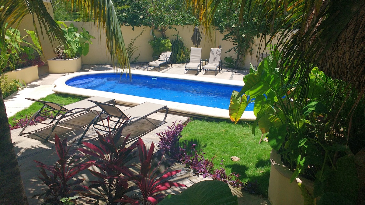 A serene outdoor space features a blue pool surrounded by lush green foliage and colorful plants. Several sun loungers are positioned near the water, providing a relaxing area for guests to enjoy. Gentle movement of palm leaves adds a touch of tranquility.