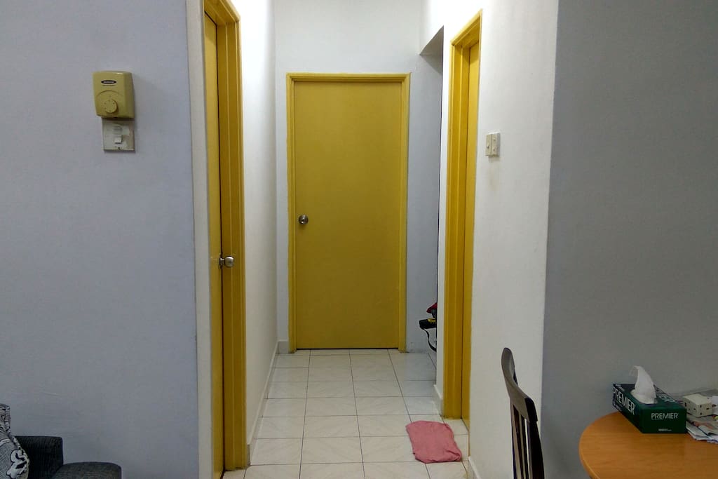 1st door on the left (room) on the right (bathroom)
