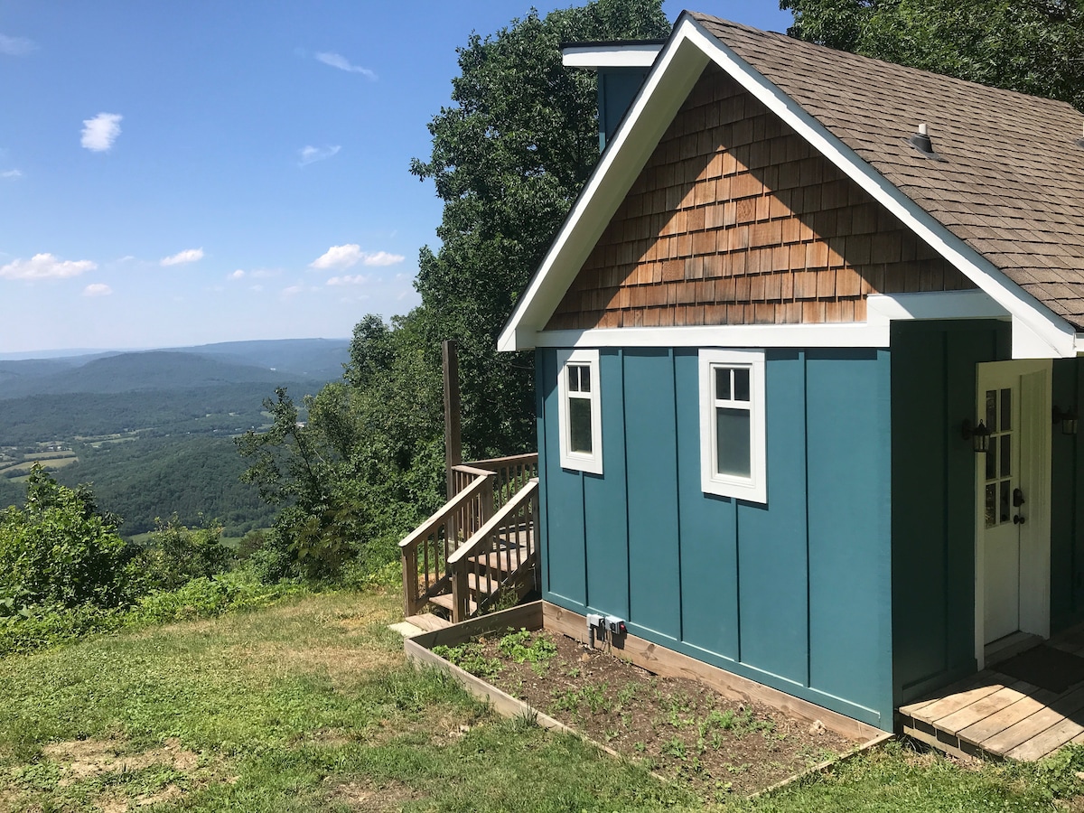 A charming tiny house is featured, with a mix of green and wood siding. Sunlight reflects off the freshly painted exterior. Steps lead up to the entrance, and a stunning valley view is visible in the background, framed by lush greenery under a clear blue sky.
