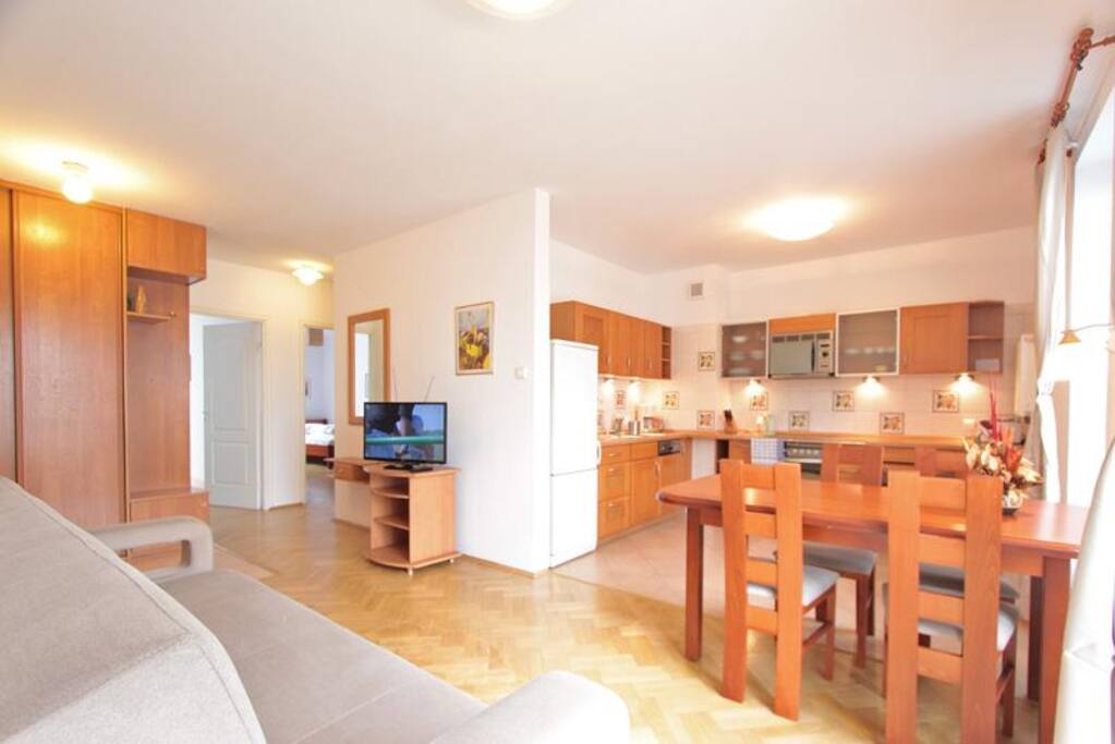 A kitchen connected with a living room