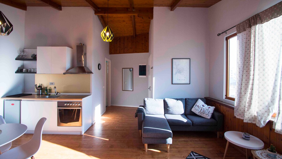 Nuestra sala de estar Loft tiene luz natural durante todo el día y increíbles vistas de la antigua Tirana.