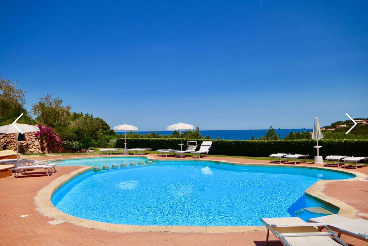 An outdoor pool area features a large turquoise swimming pool surrounded by sun loungers and umbrellas. Lush greenery outlines the space, while the blue sea is visible in the background under a clear sky.