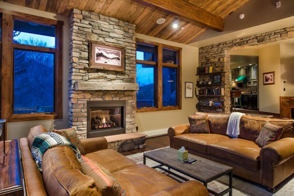 Incredible great room featuring large gas fireplace.