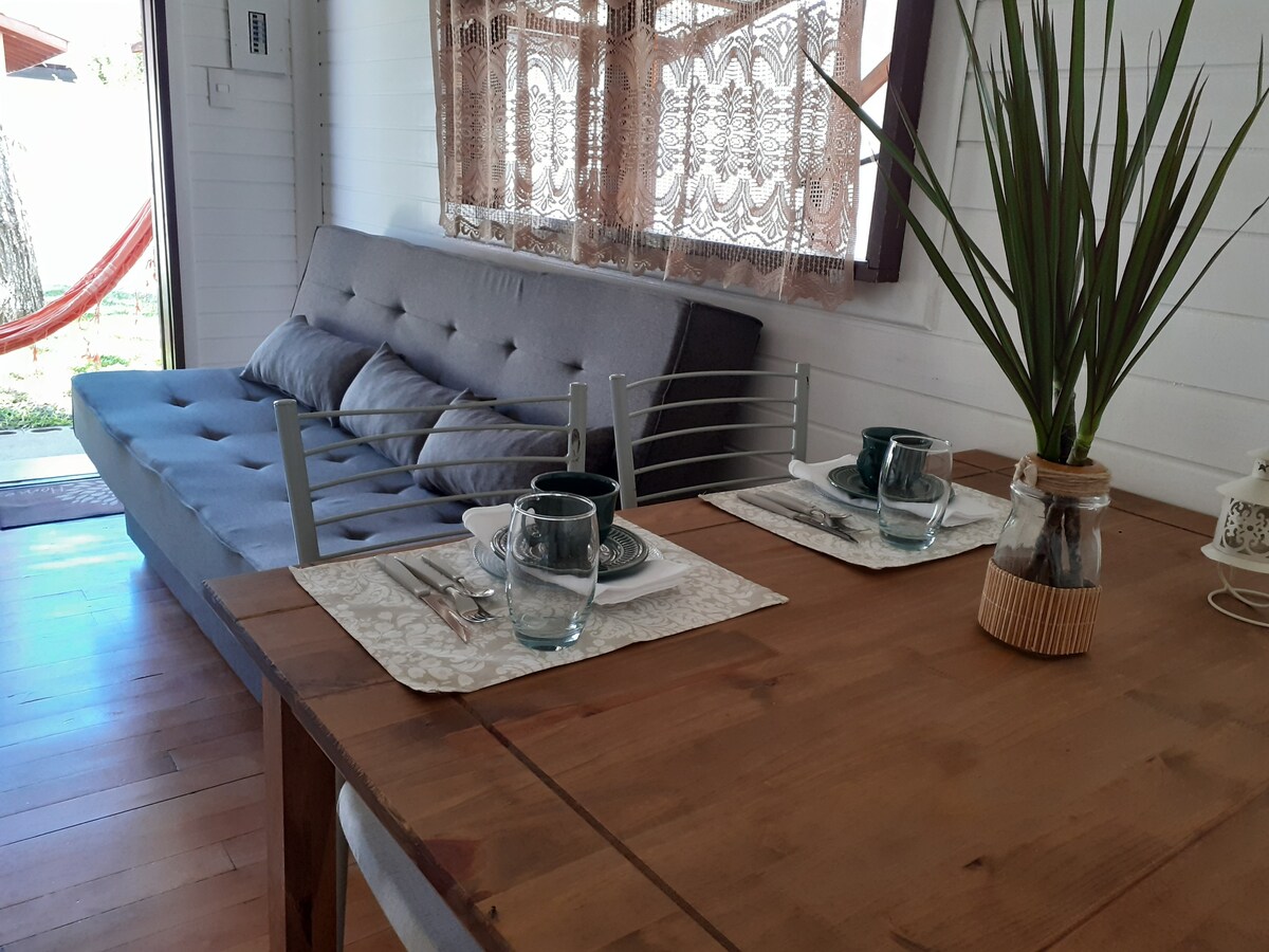A dining area is presented with a wooden table featuring two place settings and a decorative plant. A gray sofa bed is visible, with light streaming in from a nearby window, highlighting the warm tones of the wooden floor.