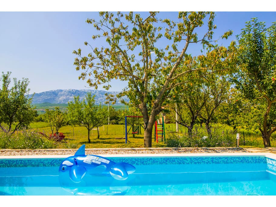 View on pool , mountain and play garden in front of house