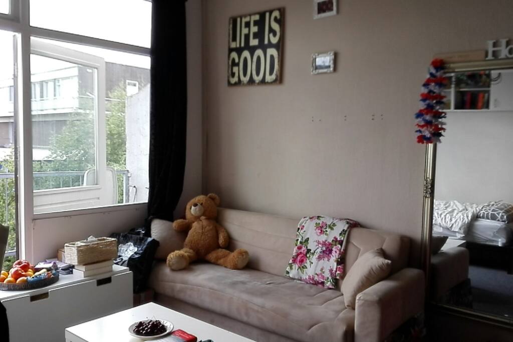 Couch which can be unfolded as a sleepcouch for one person.