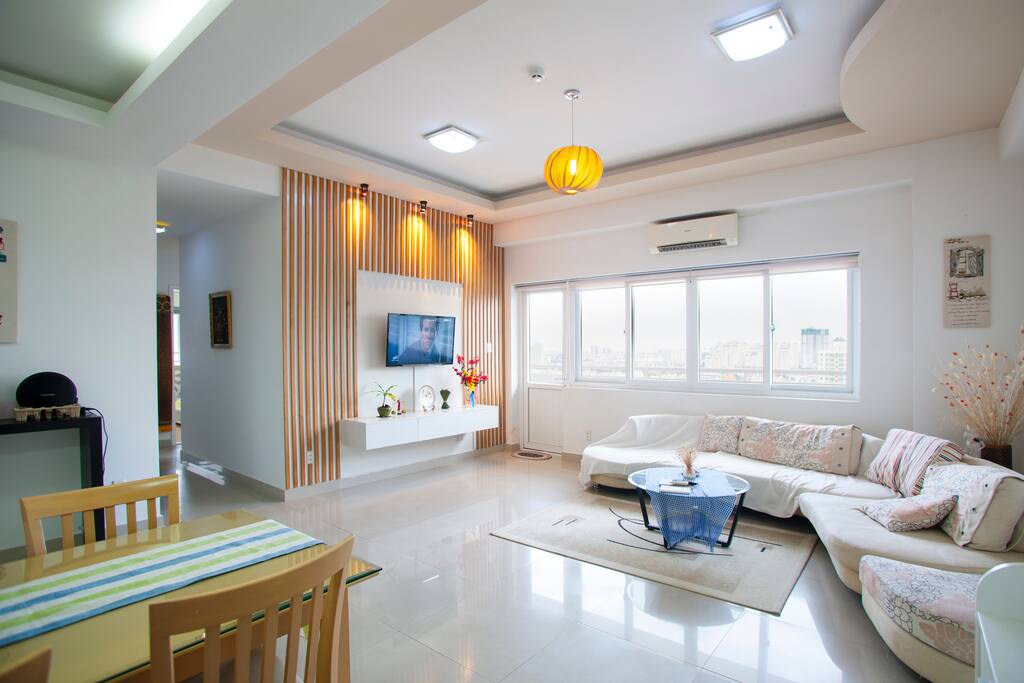 We have a spacious living room with complimentary treats and cable TV to hang out with the group.