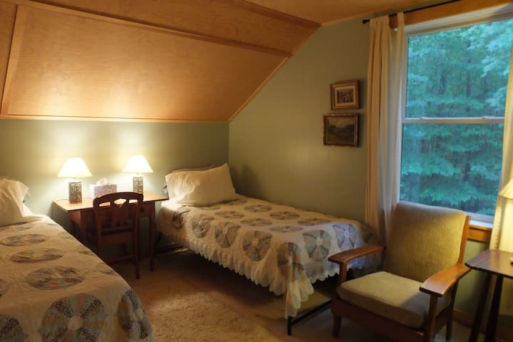 Twin beds in the blue room.