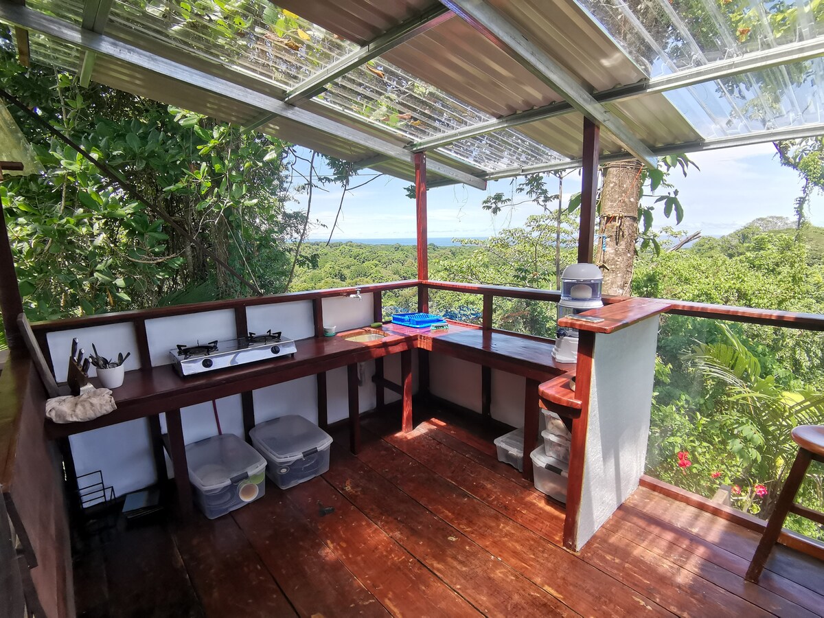 An open-air kitchen area is surrounded by lush greenery, featuring wooden countertops and cabinets for storage. A two-burner gas stove and a sink are present, allowing for meal preparation. Ocean views are visible through overhead transparent panels that let in natural light.