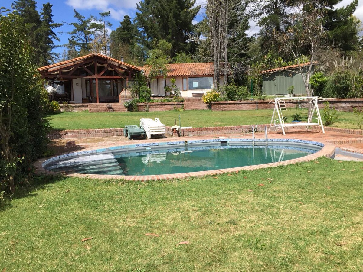A large, private swimming pool is surrounded by a well-maintained garden. There are two lounge chairs positioned beside the pool, offering a place to relax. The distant house features a wooden structure with a tiled roof, blending into the tranquil, natural setting.