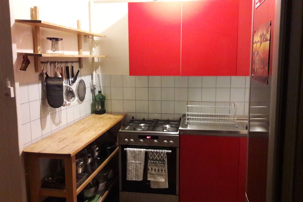 Cuisine équipée, four électrique et cuisson au gaz.
Il n y a pas de hotte aspirante.