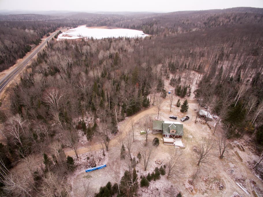 Aerial overview of the location our house and the apartment, close to the highway and Robinson Lake, but still a quiet place