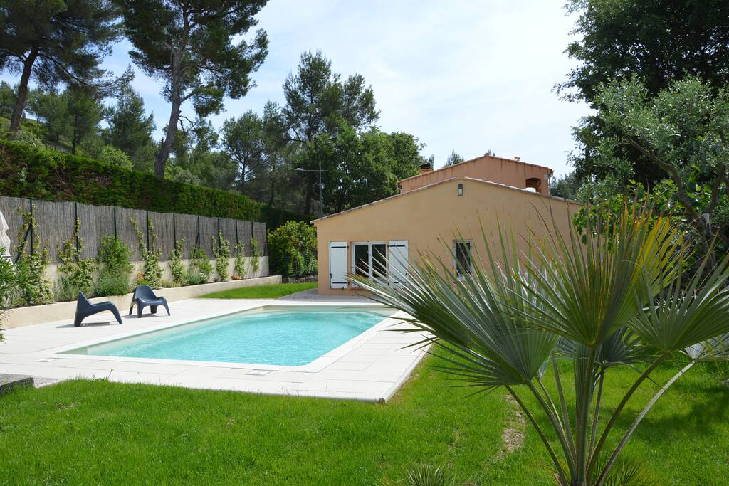 coin jardin avec piscine eau salé de 4x8m et une grande plage pour bronzé.
