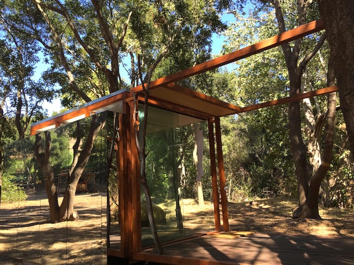 The glass house merges with the natural world reflecting and exposing the epic sycamore & oak trees on this amazing piece of Earth.. redwood back deck perfect for yoga is a natural extension of the inside space kept open so as to feature the woods