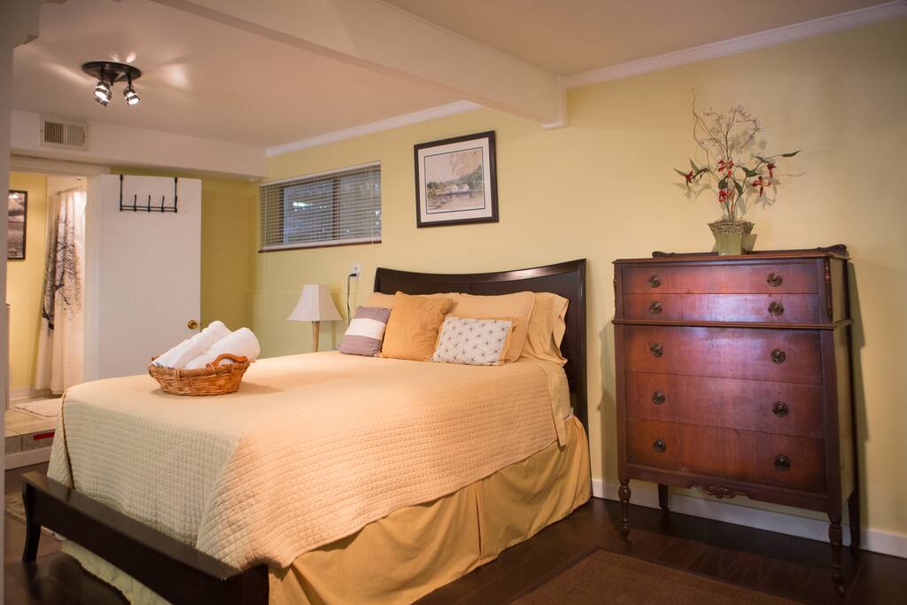 Queen bed with plenty of storage in dresser.