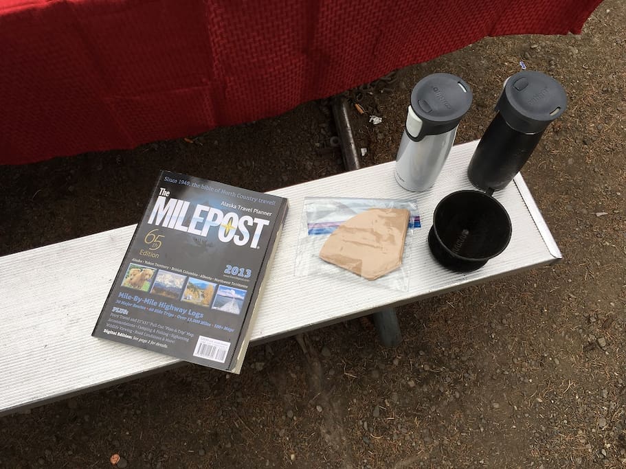 Milepost (detailed road guide) and coffee fixings.
