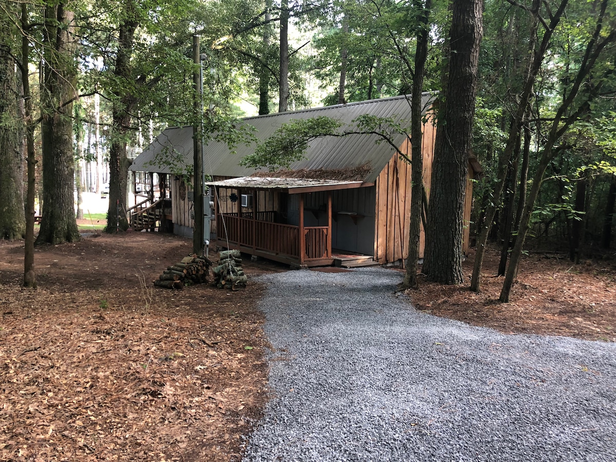 The cabin is nestled among tall trees, featuring a rustic wooden facade with a metal roof. A gravel driveway leads to the front porch, which is partially covered and offers a welcoming entry. Surrounding areas are filled with natural foliage and a carpet of leaves.