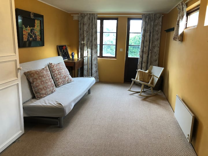 חדר אורחים במוסך עם ספה נפתחת. 