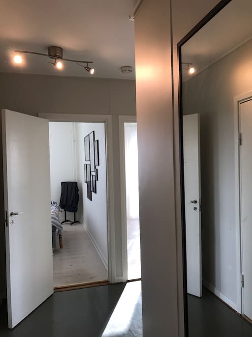 The hall, big mirror at the door, connects to the bedroom, living room and kitchen area. Good storage possibilities.