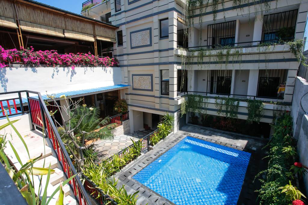 Overlooking the pool and some of the rooms in the background.