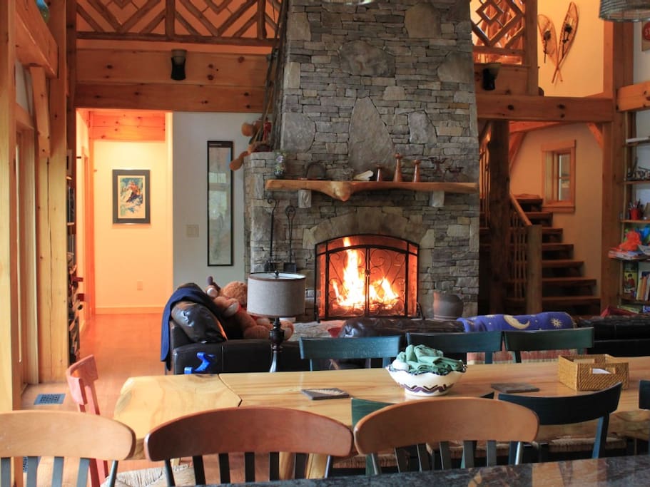 Our 30 foot fireplace is fashioned off of a lew french design - local stone