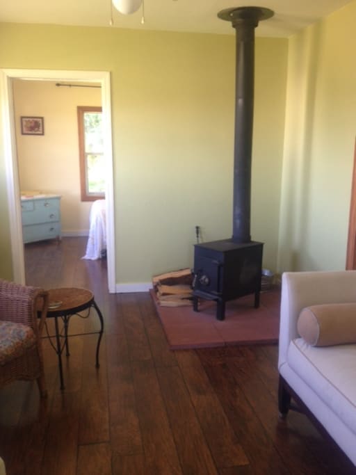 We stock the wood shed with wood to burn, inside and out. Cozy, clean, comfy.