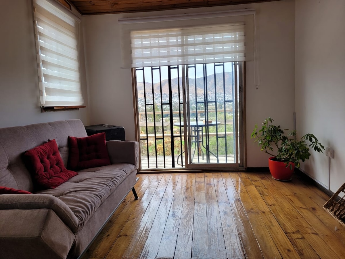 A cozy living area features a gray futon with decorative pillows and a wooden floor. Floor-to-ceiling glass doors allow natural light and provide access to a balcony. A potted plant adds a touch of greenery, while a small table and chairs are visible outdoors.
