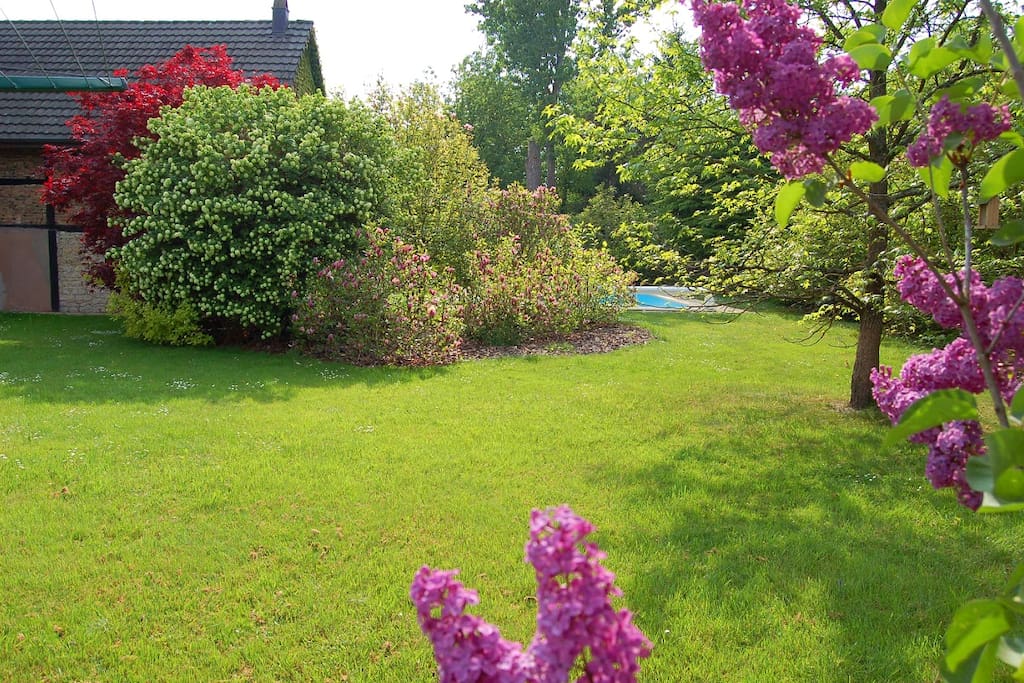 Grand espace jardin entièrement arboré et fleuri.