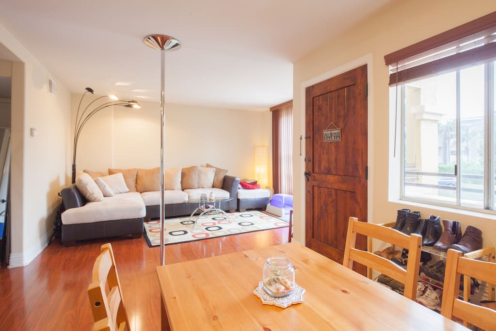 I'm a pole dancer so I have a pole in my living room and I practice in my living room sometimes. Discounts are offered to pole dancers, yoga teachers, aerial acrobats so that we can jam and have fun in my living room!
