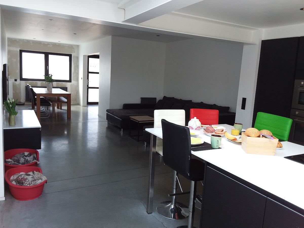 An open-plan living area showcases a modern kitchen island with seating. A dining table is visible in the background, accompanied by a black sofa. Brightly colored chairs in red and green contrast against the minimalist decor. Natural light is provided by large windows.