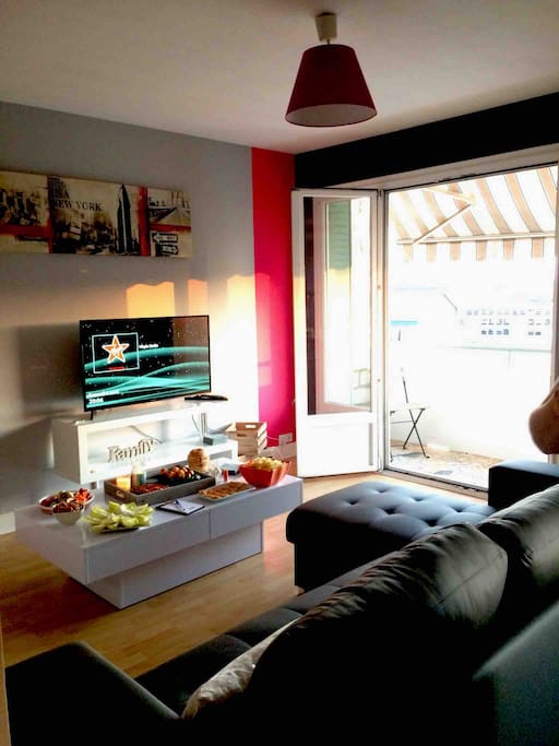 Coin salon, avec canapé, télévision et etagere bibliothèque, le tout donnant accès au balcon