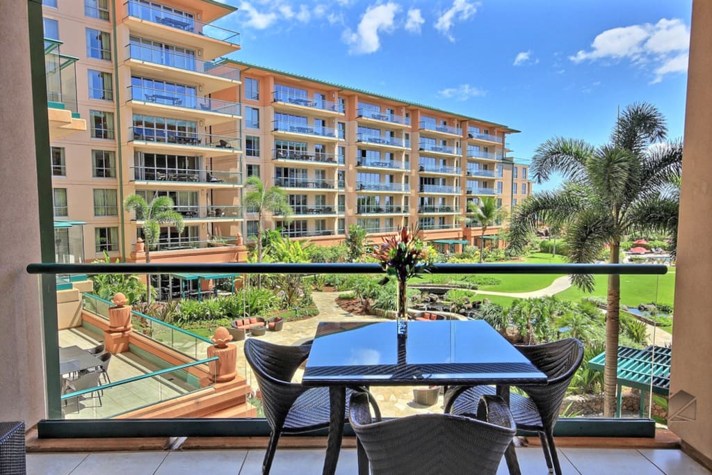 Dine in style to views of the gorgeous courtyard and gardens below.