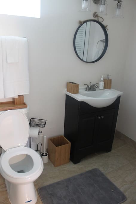 Full bath with shampoo, conditioner, body soap, hand soap and lotion provided